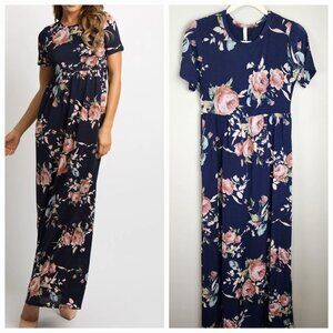 Pinkblush Maternity  maxi dress sz S Navy blue Rose Print Short Sleeve